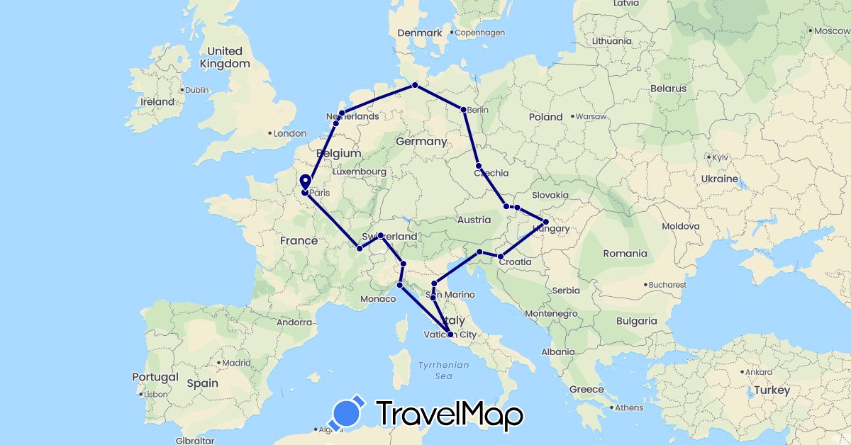 TravelMap itinerary: driving in Austria, Switzerland, Czech Republic, Germany, France, Croatia, Hungary, Italy, Netherlands, Slovenia, Slovakia (Europe)
